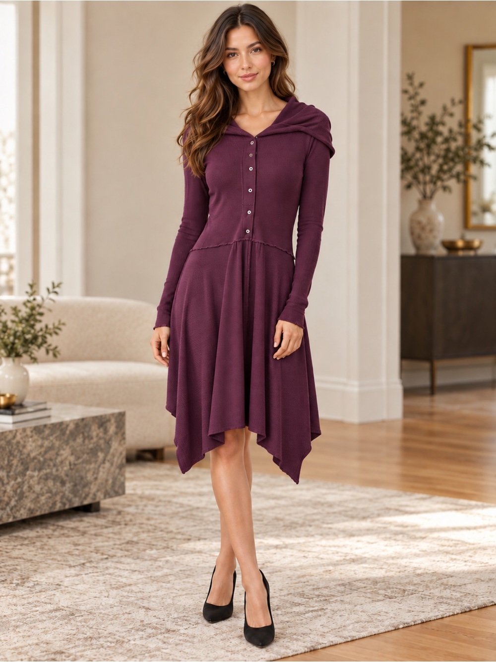 Deep Plum Thermal Knit Hooded Dress Size Small